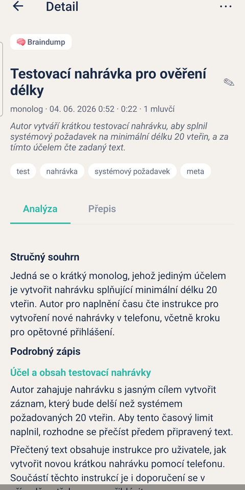 Detail nahrávky — souhrn, úkoly a rozhodnutí