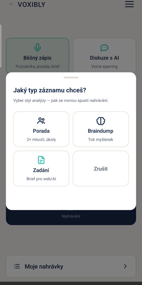 Výběr typu záznamu — porada, monolog, brief, AI