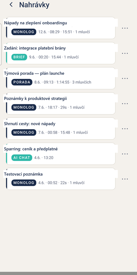 Seznam nahrávek v aplikaci VOXIBLY