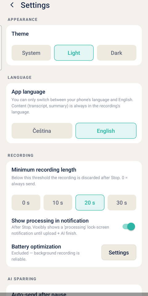 App-Einstellungen — Erscheinungsbild, Sprache, Aufnahme