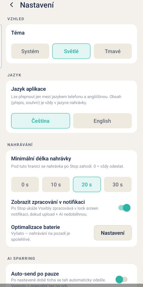 Nastavení aplikace — vzhled, jazyk, nahrávání